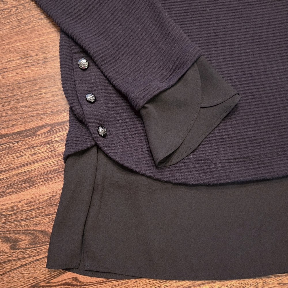 White House Black Market Black Layered Ribbed Blouse with Button Cuff
